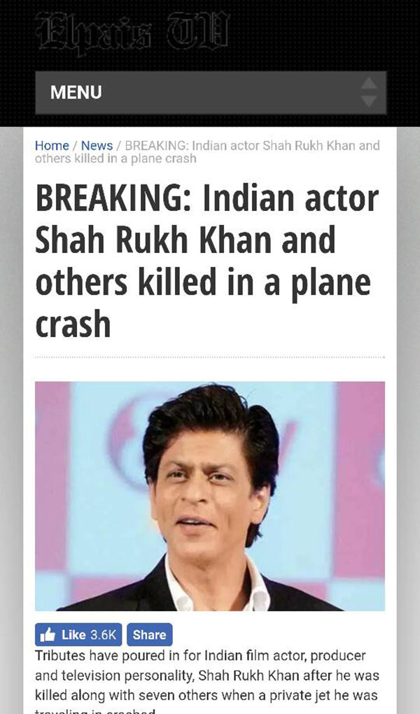 SRK Becomes Prey To A Death Hoax, European News Channel Claims Actor’s Jet Crashed
